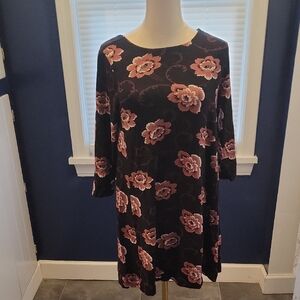 LOFT Black and Pink Floral Long Sleeve Dress